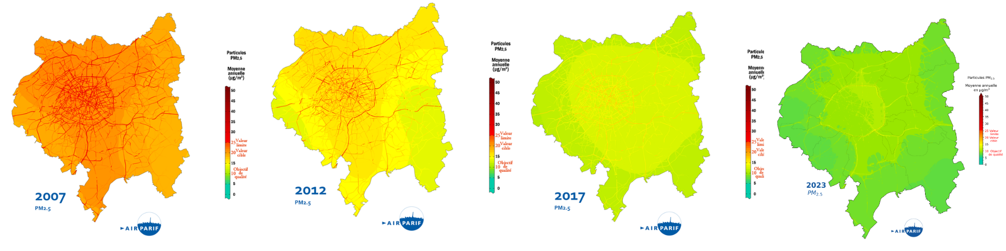 Evolution de la concentration annuelle moyenne en PM2,5 dans la Métropole du Grand Paris